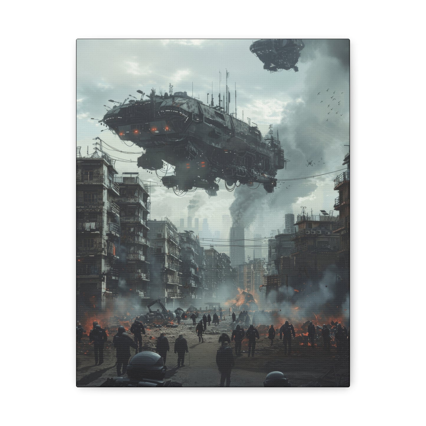 People traverse a ruined urban area while a giant spaceship hovers ominously above, smoke billowing from the destruction.