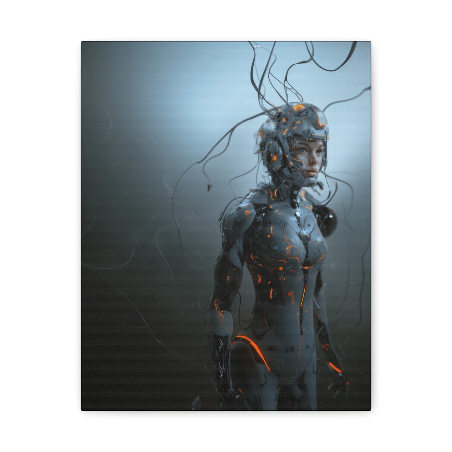 A woman in a sleek futuristic suit, illuminated by orange wires, blending technology and humanity in a minimalistic space.