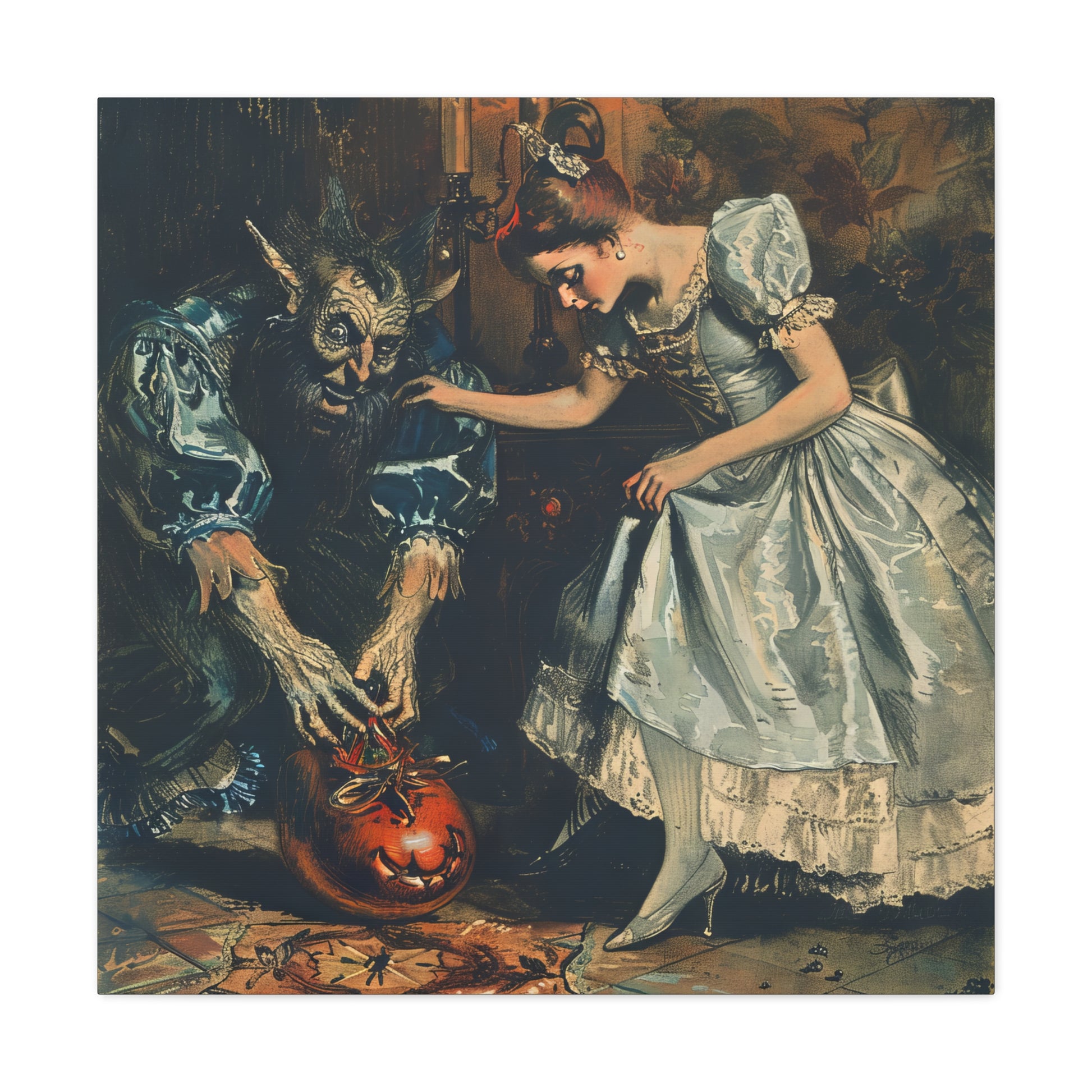 A whimsical horror scene featuring a woman in a vintage dress and a horned demon, set in a spooky room with gothic decor.