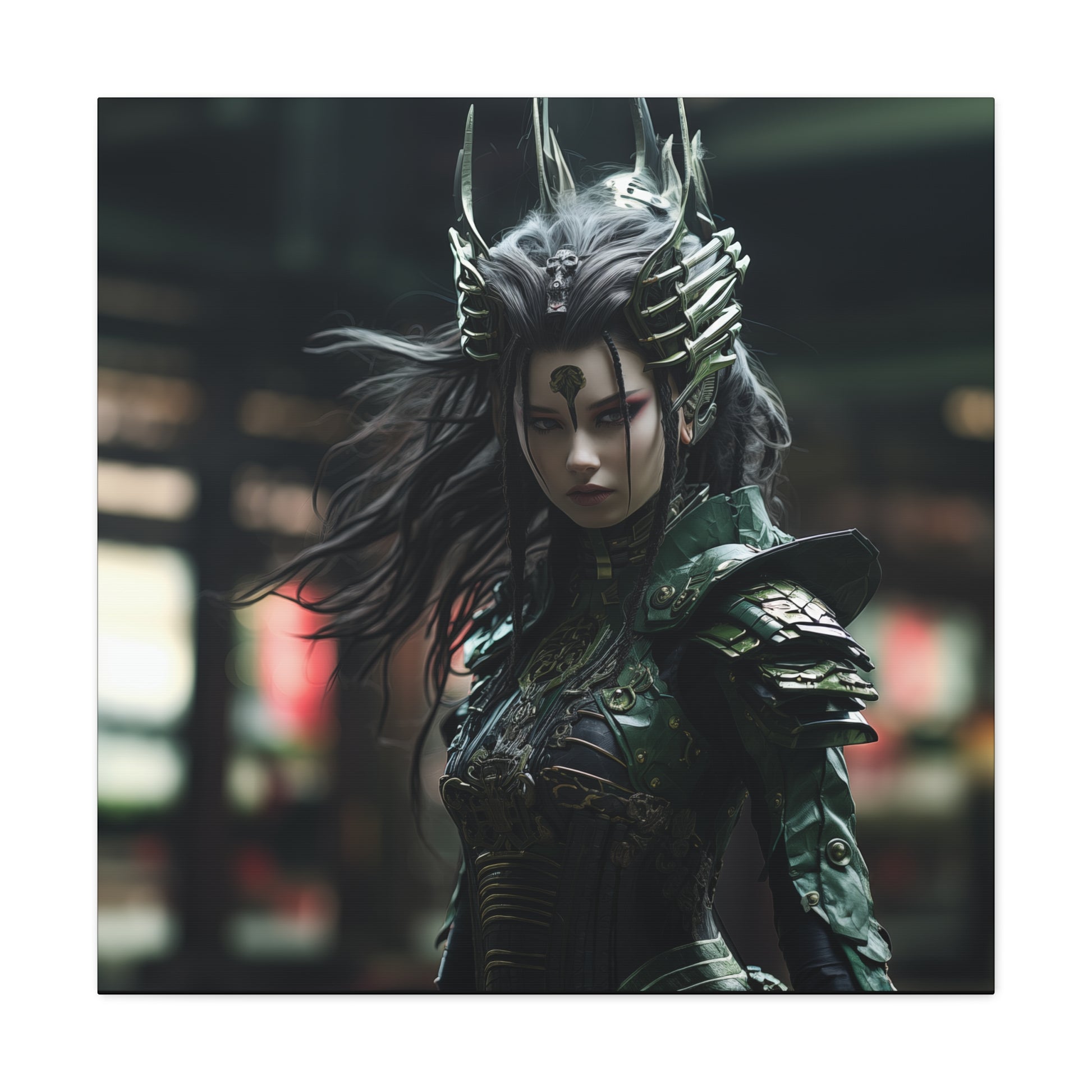 Futuristic warrior queen in ornate green armor, horned headpiece, radiating power in a cyber-fantasy landscape.