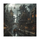 A misty steampunk city featuring a bridge, clock tower, ornate buildings, and gaslights illuminating the atmospheric streets.