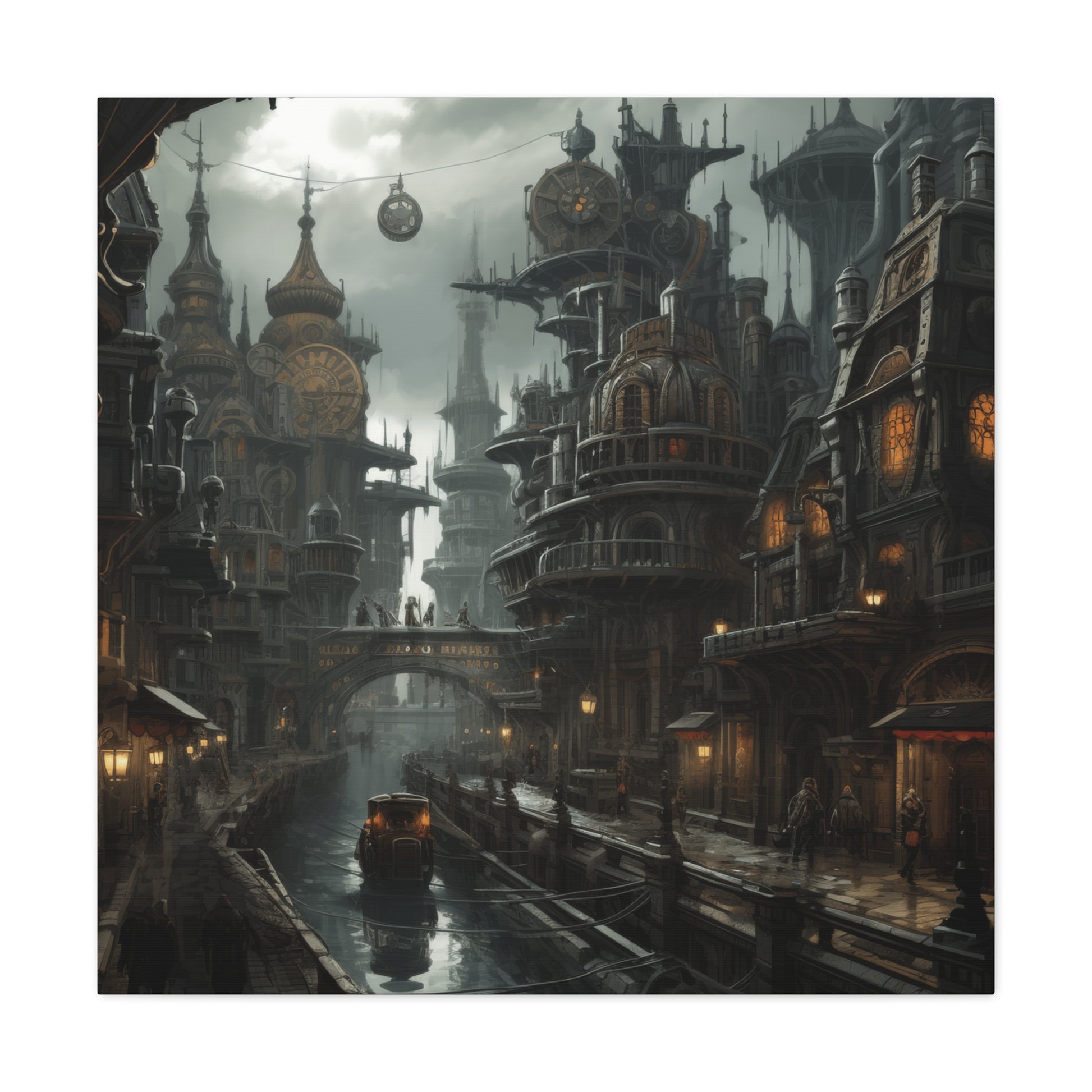 A misty steampunk city featuring a bridge, clock tower, ornate buildings, and gaslights illuminating the atmospheric streets.