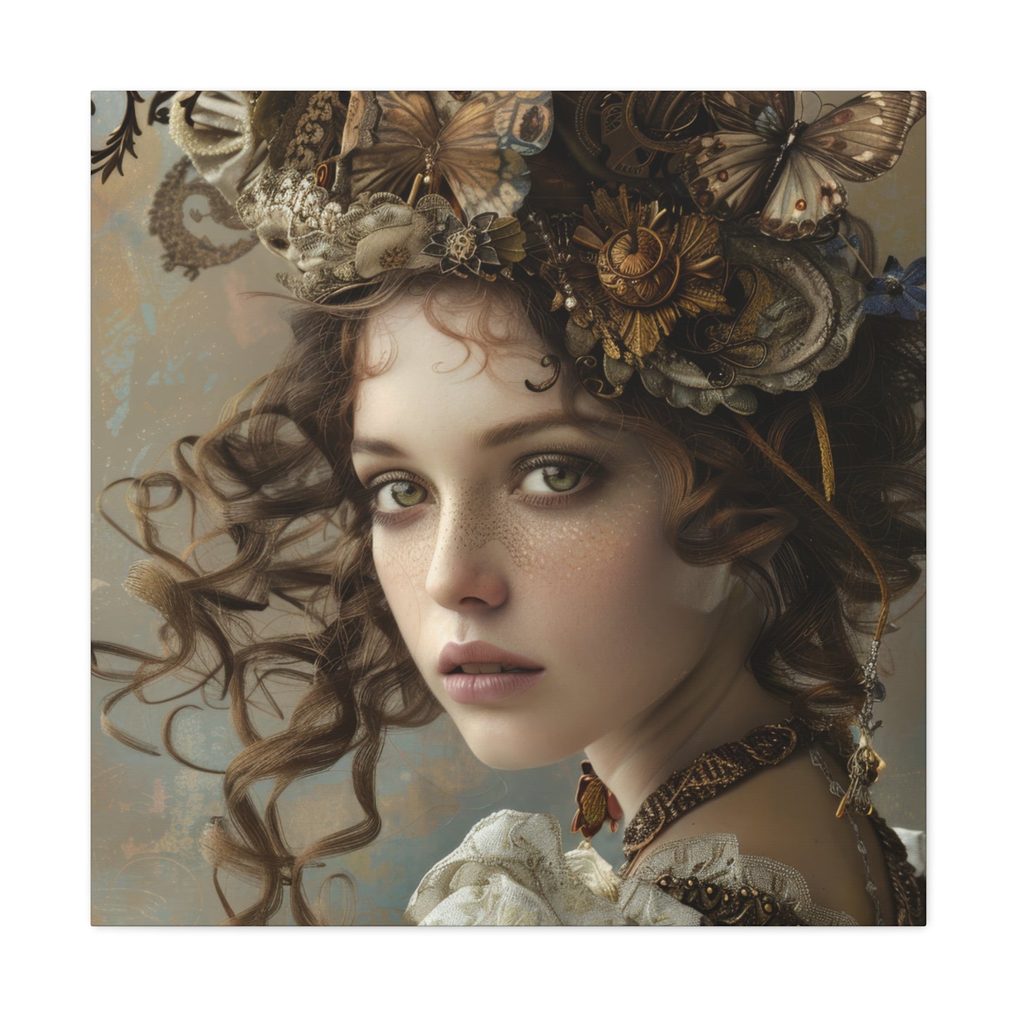 A whimsical woman with a flower  and butterfly headpiece, radiating ethereal elegance in a cottagecore-inspired portrait.