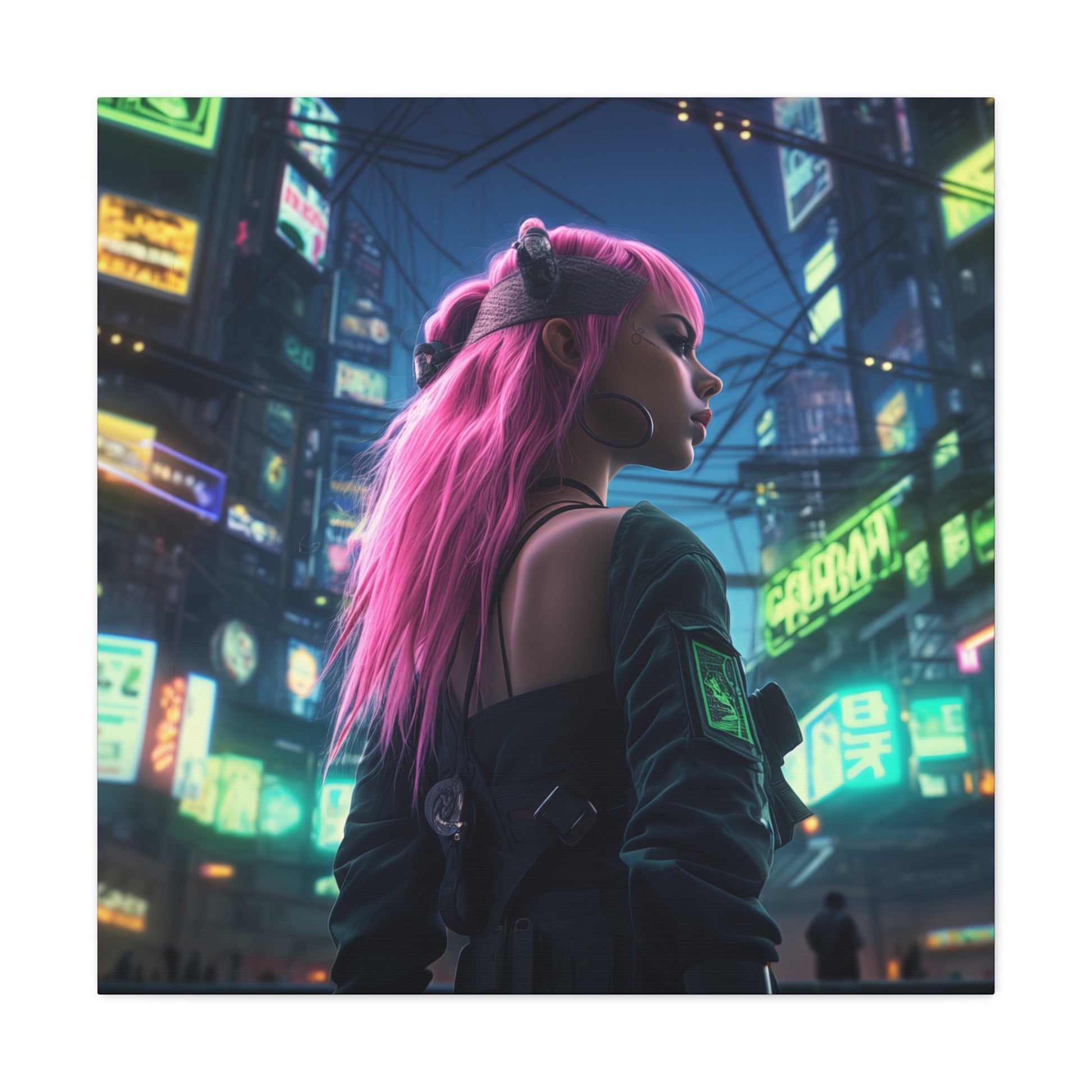 A canvas art of a cyberpunk woman with pink hair gazes over a vibrant, neon-lit city at night.