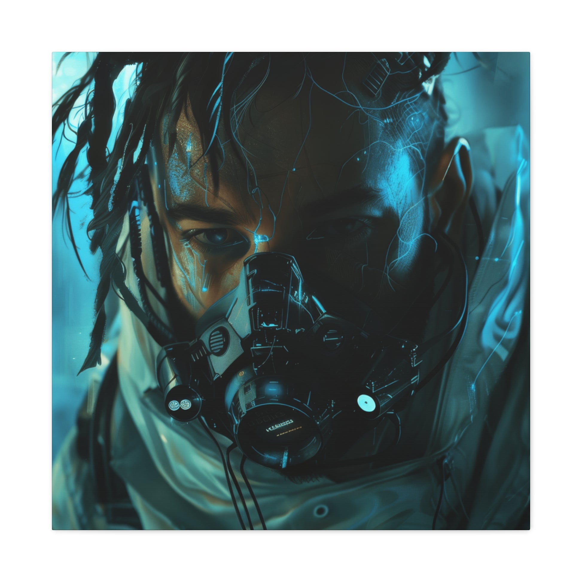 In a cyberpunk scene, a dreadlocked man wears a futuristic gas mask, his eyes glowing with intensity amidst the neon lights.