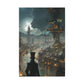 Silhouette of a man in a top hat gazing over a glowing steampunk city at night, with airships and smokestacks in view.