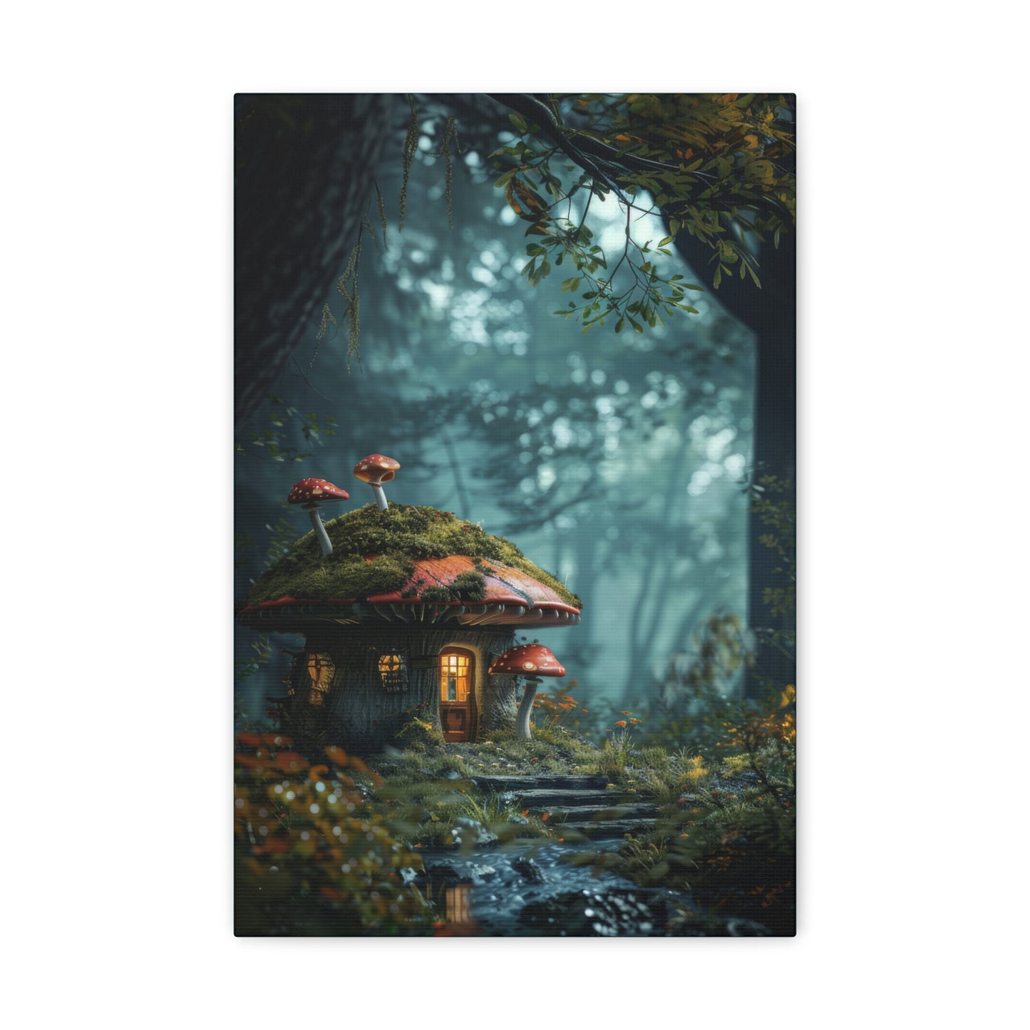 Cozy mushroom cottage nestled in a magical forest, featuring glowing windows and a gentle stream under twilight skies.