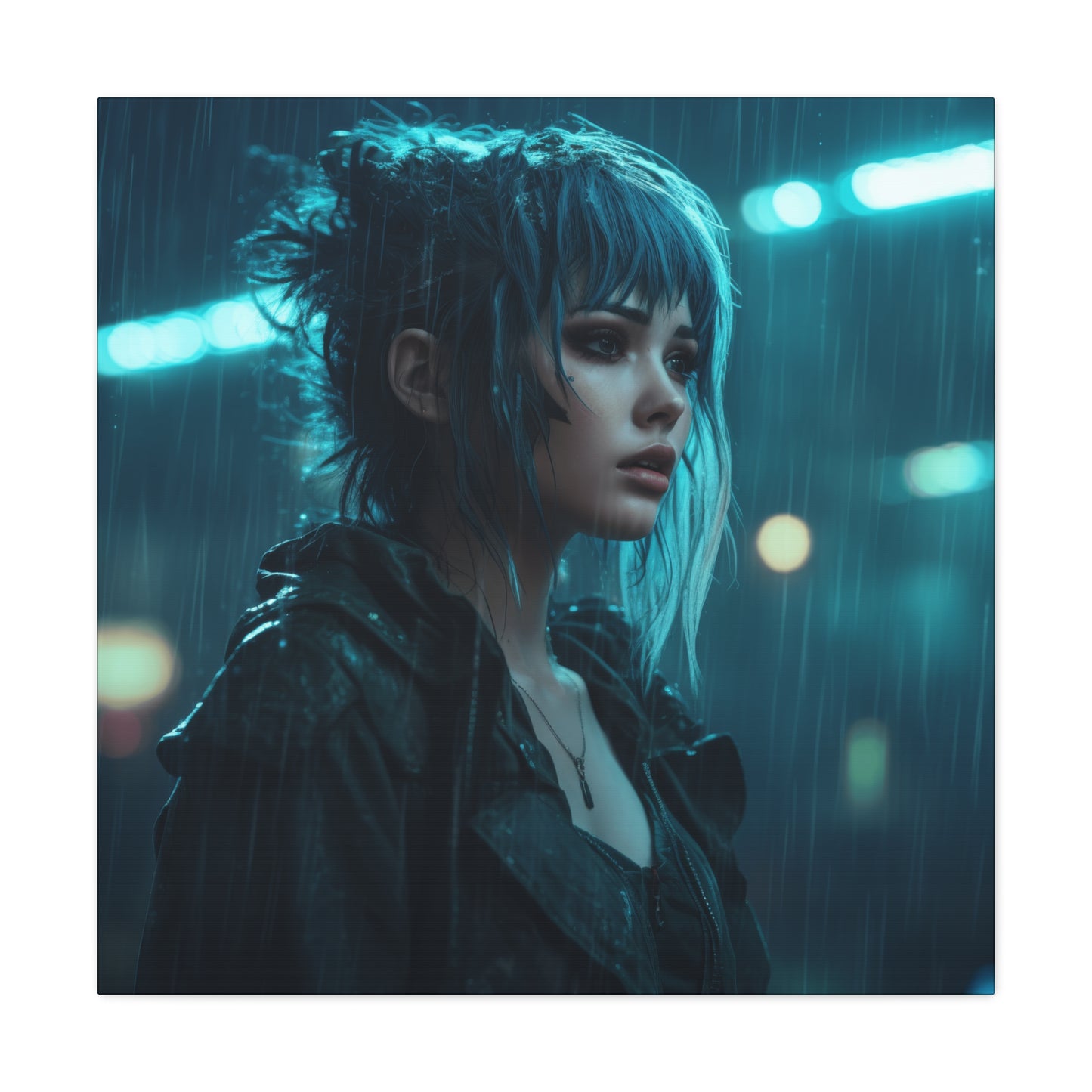 Portrait of a woman with vibrant blue hair in the rain, surrounded by neon lights, capturing a moody cyberpunk essence.