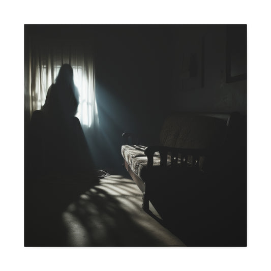 A woman sits in a dark room, her silhouette illuminated by eerie light streaming through the window, creating a haunting atmosphere.