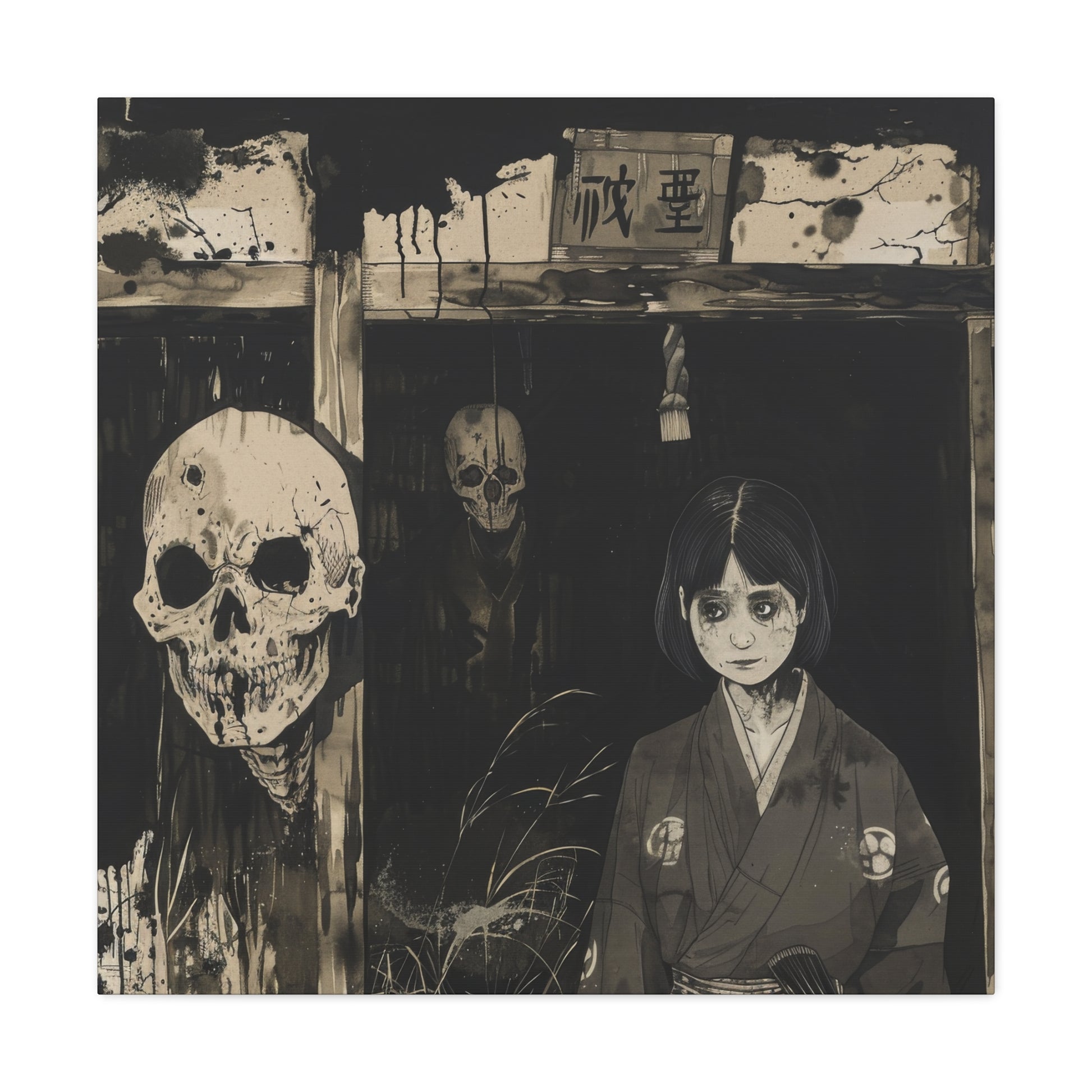 A young woman in a kimono stands before ominous skulls, enveloped in a dark, eerie atmosphere, evoking supernatural horror.