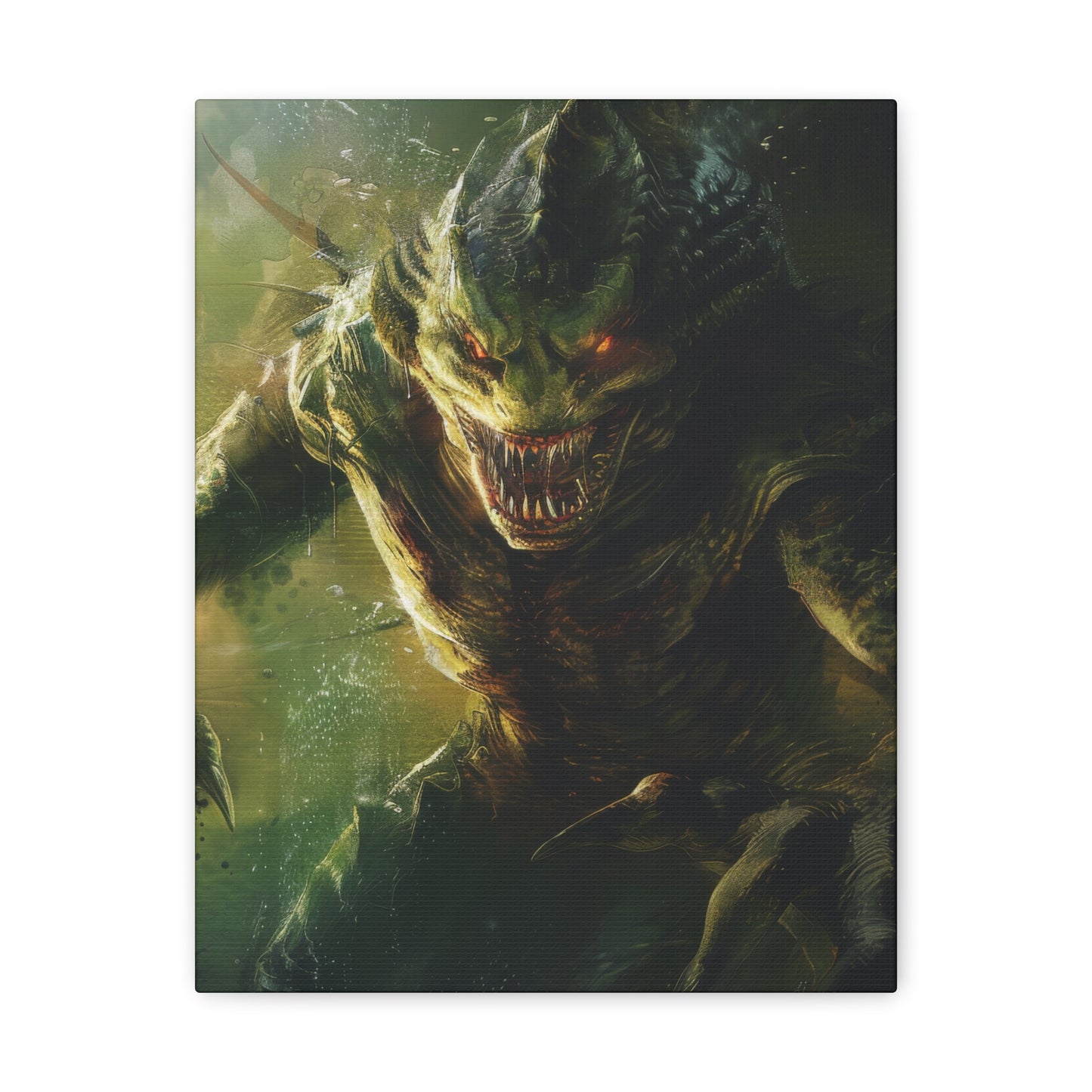 A terrifying reptilian monster with glowing red eyes and sharp teeth, surrounded by a dark green aura, mouth wide open.