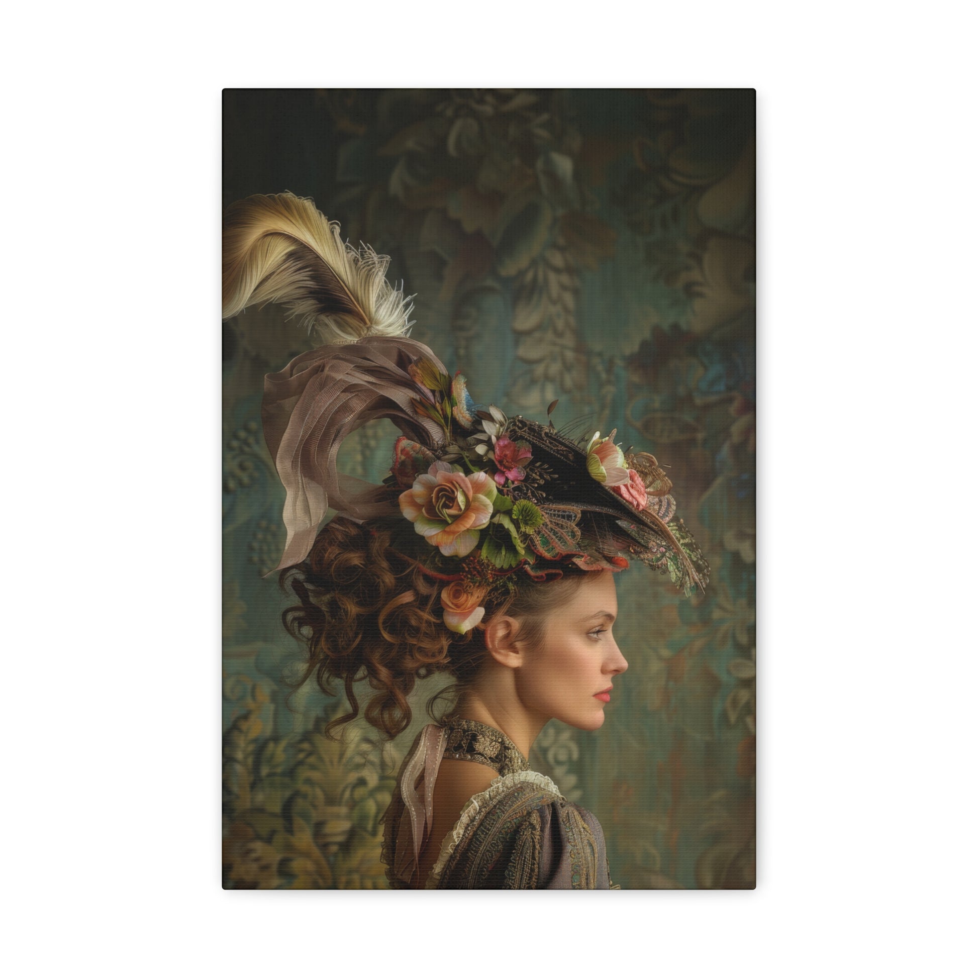 Side profile of a woman in a feathered floral hat, embodying romantic elegance in a cottagecore-themed portrait.