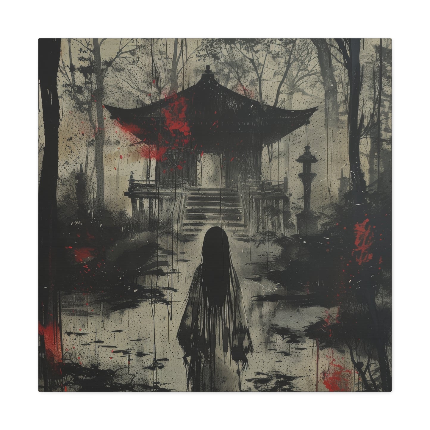 A woman walks through a dark, foggy forest towards a Japanese shrine; blood splatters around her, evoking a haunting and eerie atmosphere.