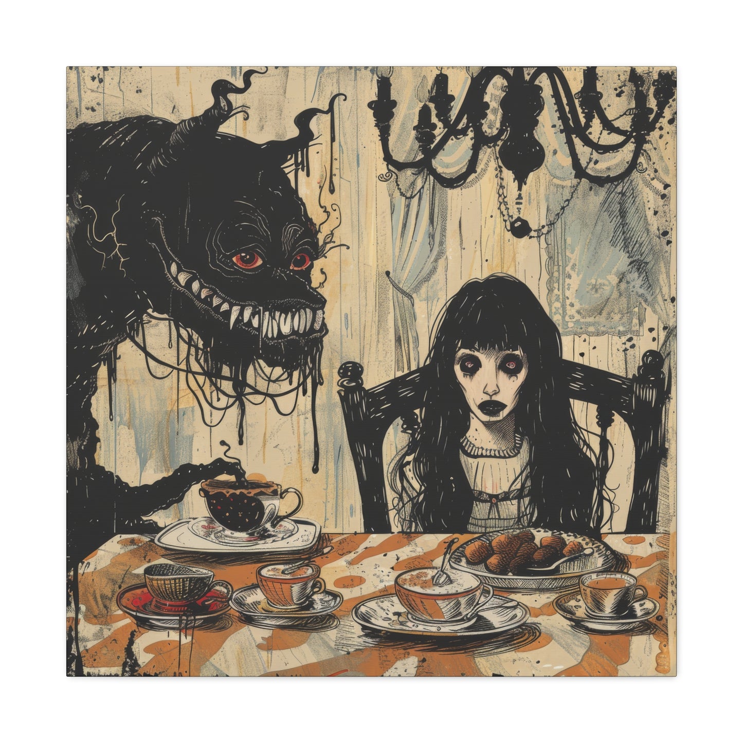 A gothic horror illustration of a woman and a red-eyed demon sharing a creepy tea party in a shadowy, unsettling atmosphere.