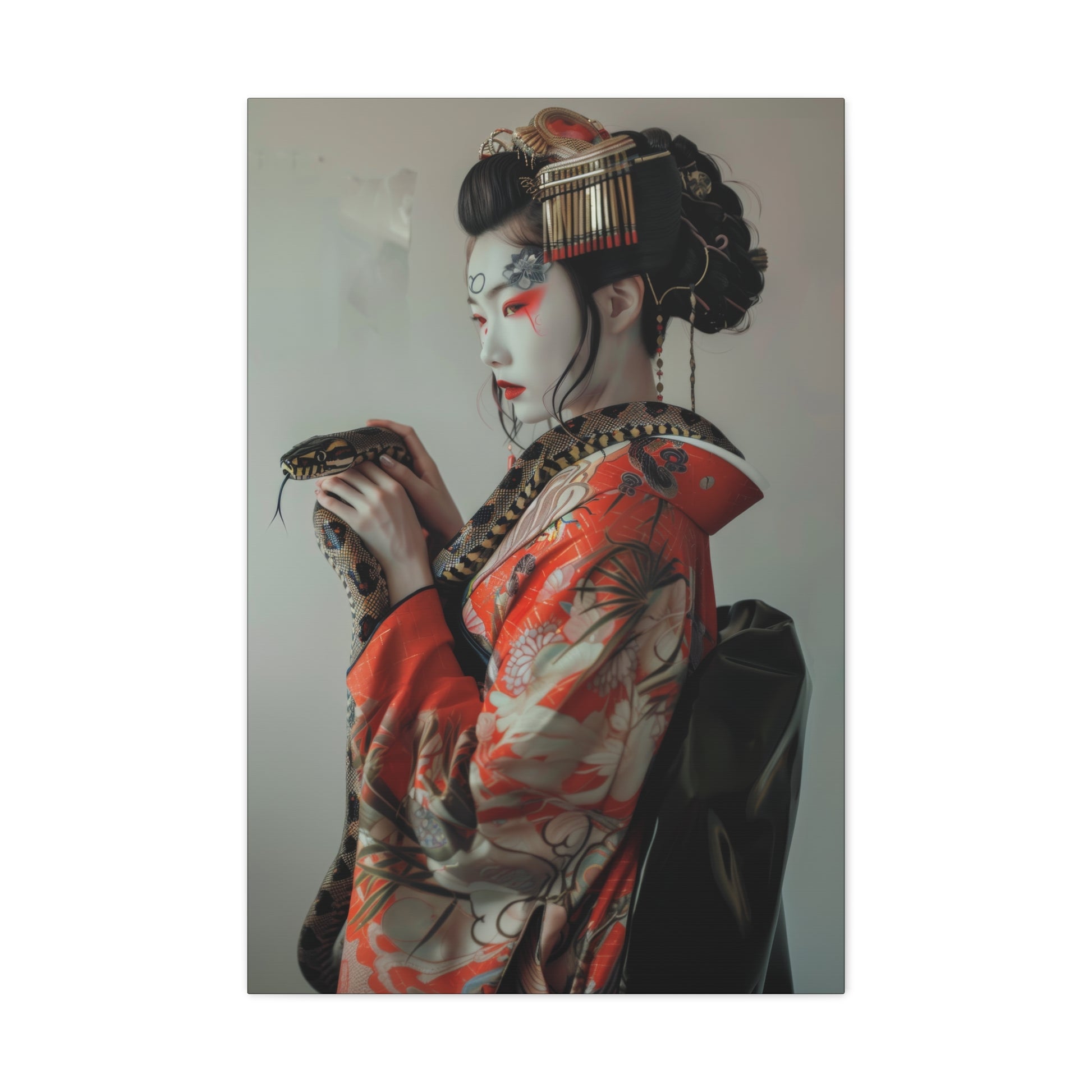 A woman in traditional geisha costume, complete with ornate hair accessories, holds a snake, embodying beauty and symbolism.