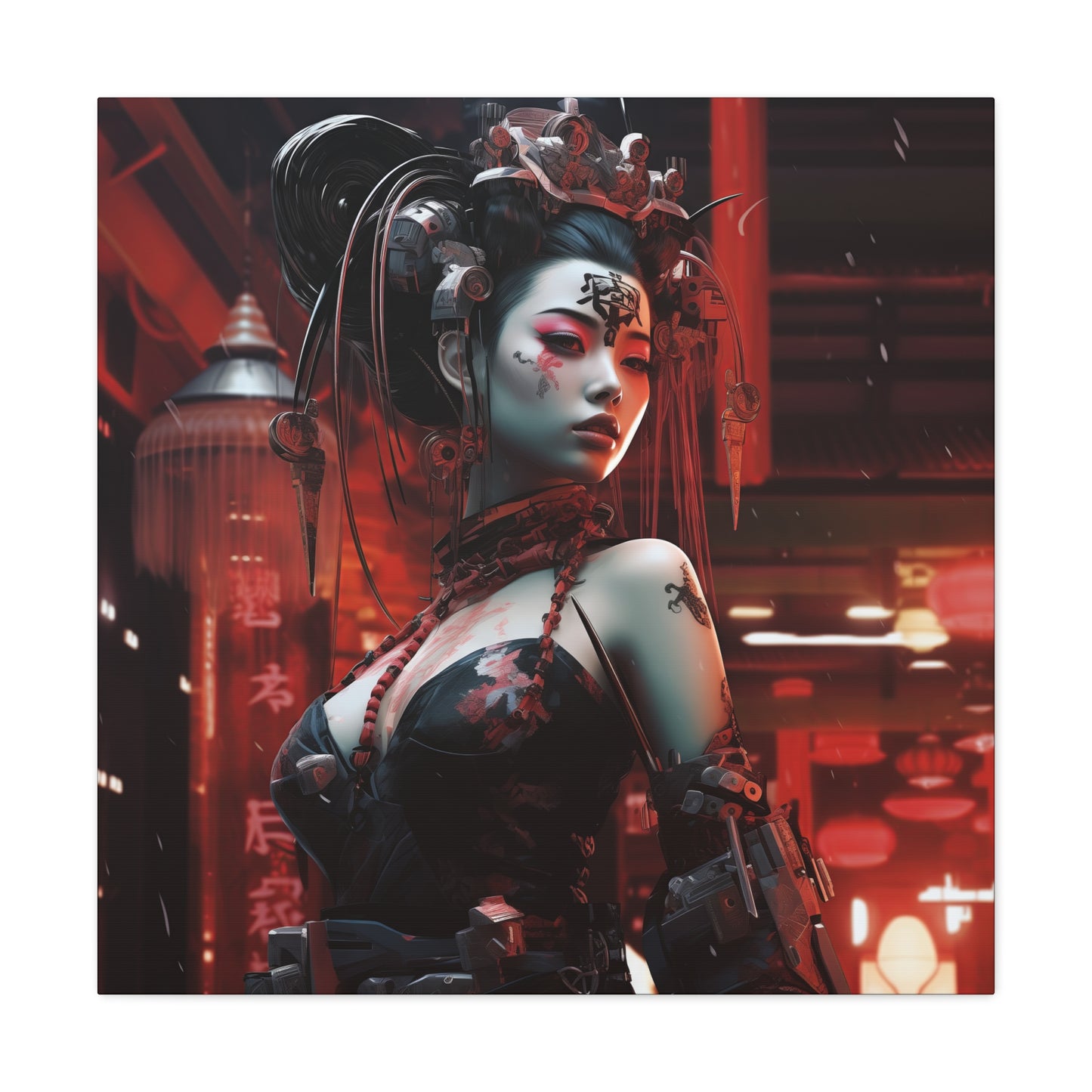 A futuristic geisha in a red dress, cybernetic headgear, and tattoos, stands elegantly in a vibrant red-lit environment.