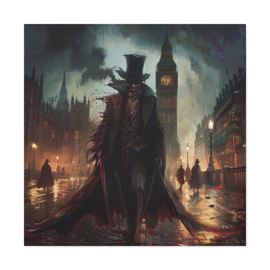 A shadowy figure, depicting Jack-the-ripper, in a top hat and blood-splattered coat stands ominously on a foggy London street, with Big Ben looming behind.