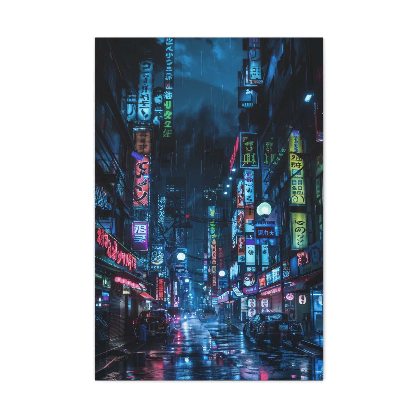 Neon signs light up a bustling city street at night, casting reflections on the wet pavement in a misty, cyberpunk atmosphere.