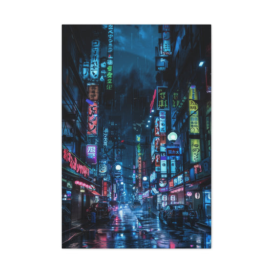 Neon signs light up a bustling city street at night, casting reflections on the wet pavement in a misty, cyberpunk atmosphere.