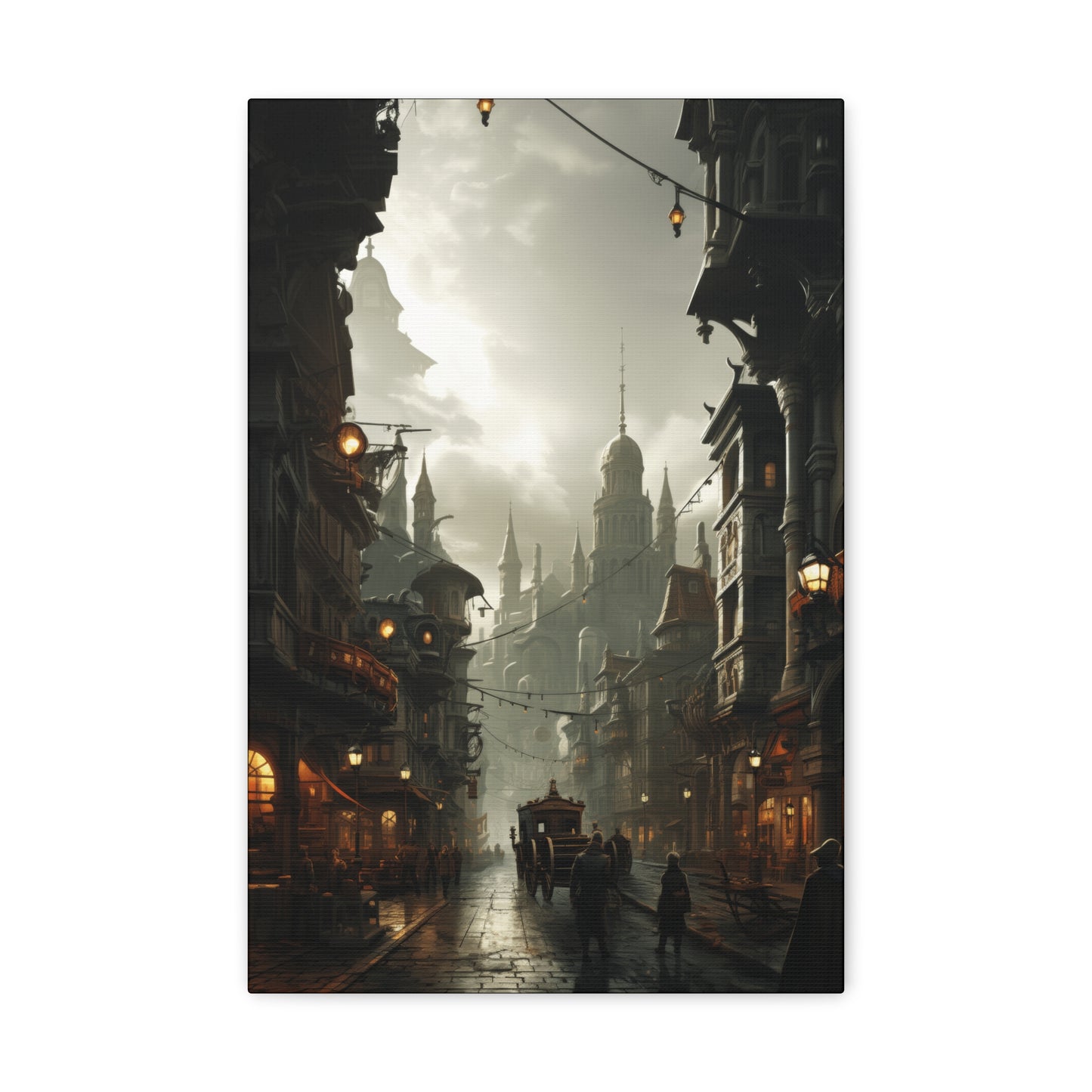 A misty steampunk street scene featuring tall Victorian buildings, glowing lamps, and pedestrians in period clothing on cobblestones.