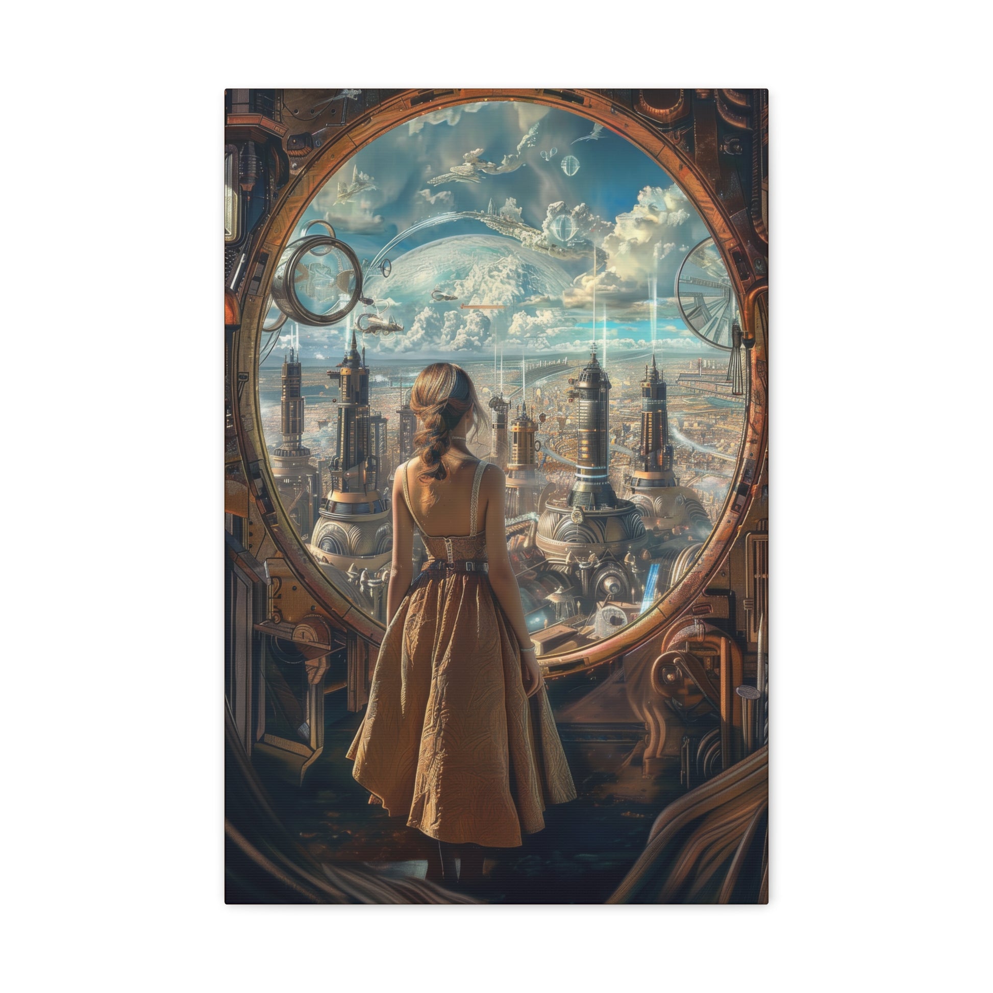 A woman in a vintage dress looks out a circular window, admiring a futuristic cityscape with airships and industrial structures.