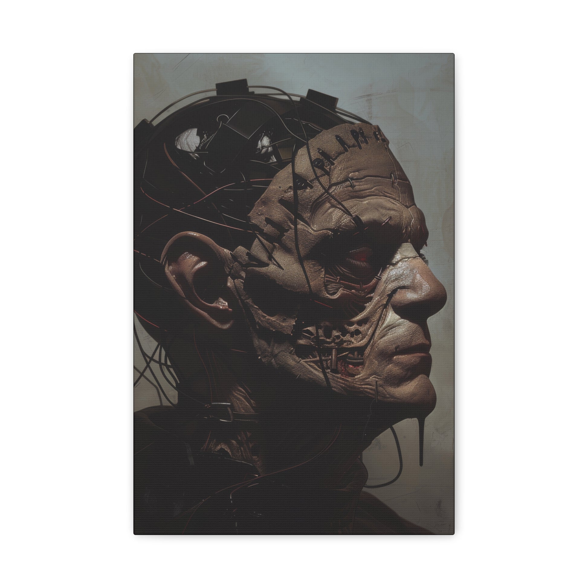 A man with wires on his head, showcasing a haunting expression and stitched, melting skin, blending horror and sci-fi elements.